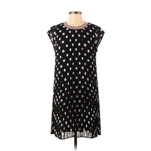Dr2 Womens Dress Small Polka Dot Pleated Cap Sleeve Crew Neck - Picture 2 of 5